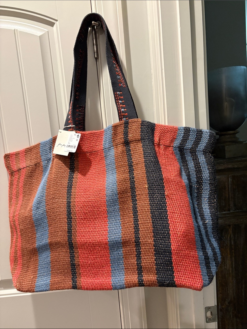 Free People Striped Woven Tote in Coral, Blue & Brown
